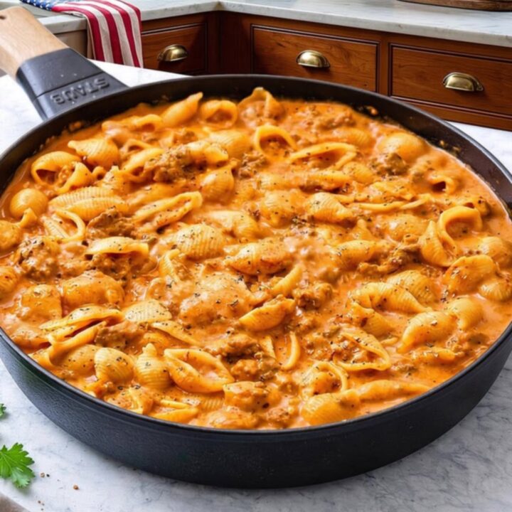 A steaming black skillet filled with creamy beef and shells, showing a delicious cheese pull from a serving spoon.