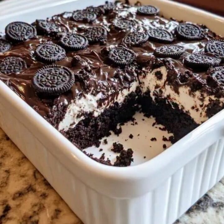 A slice of rich chocolate earthquake cake with a swirl of cream cheese, topped with fudge and crushed Oreo cookies.