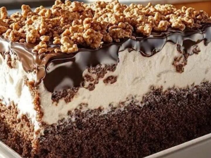 A square slice of chocolate cake with layers of cream and chocolate ganache.