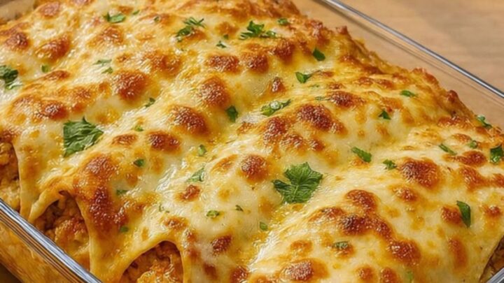 A glass baking dish filled with golden, melted cheese-topped rolled tacos.