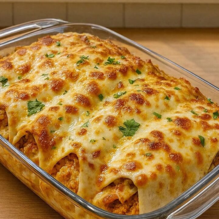 A glass baking dish filled with golden, melted cheese-topped rolled tacos.