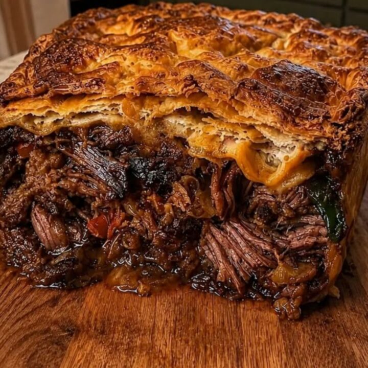 A golden-brown brisket and cheese pie sitting on a wooden cutting board.