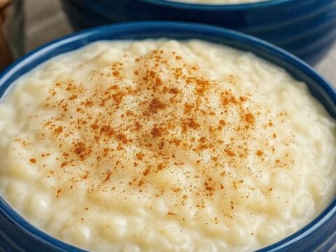 A warm bowl of rich, creamy rice pudding topped with a delicate dusting of ground cinnamon in a blue ceramic dish.