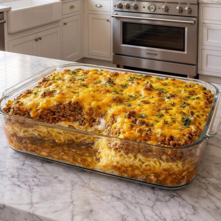 A steaming cheesy beef noodle casserole in a glass baking dish with a visible cheese pull.