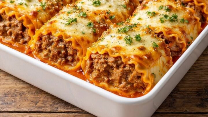 A close-up of a cheesy short rib lasagna roll being lifted from a white baking dish with a spatula.