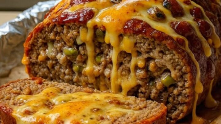 A thick slice of Philly Cheesesteak Meatloaf on a plate with melted provolone and cheddar stretching from the center.