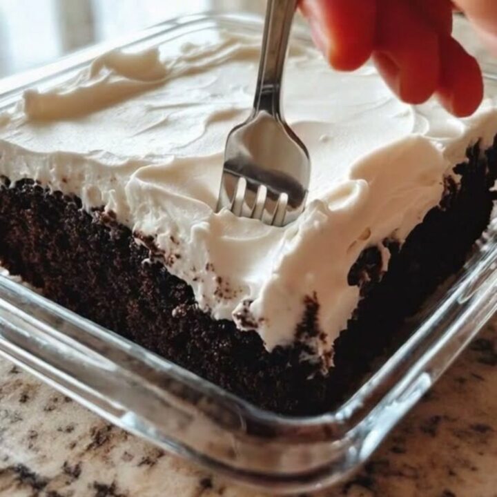 A square slice of moist chocolate wacky cake topped with fluffy white frosting on a white plate.