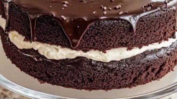 A two-layer chocolate cake with glossy ganache drips and sprinkles on a glass stand.