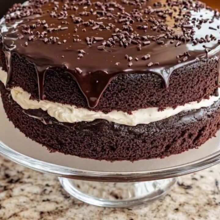 A two-layer chocolate cake with glossy ganache drips and sprinkles on a glass stand.