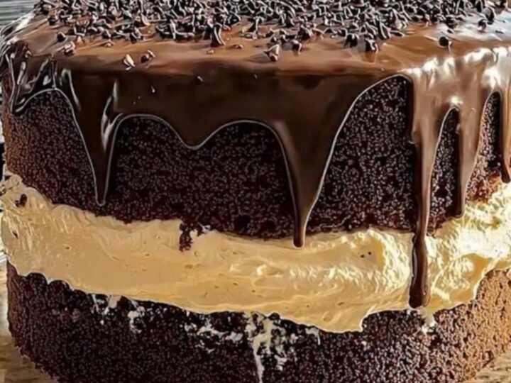 A thick, decadent slice of double-layer chocolate cake with visible vanilla cream filling and ganache drips.