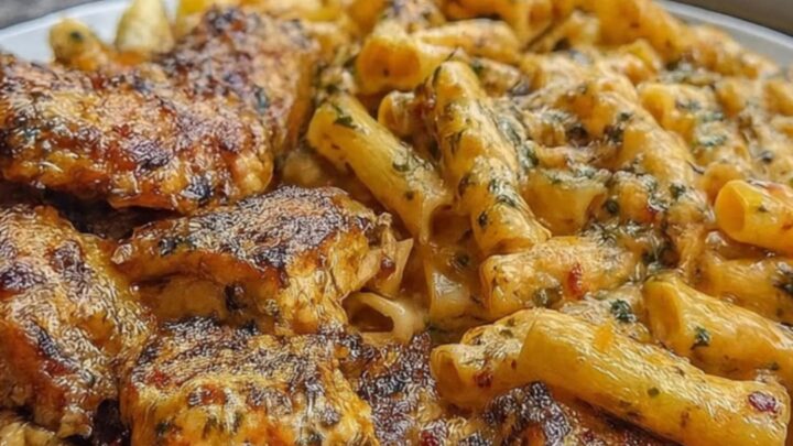 A close-up of a plate featuring golden seared chicken pieces and creamy rigatoni pasta coated in a rich garlic butter sauce.