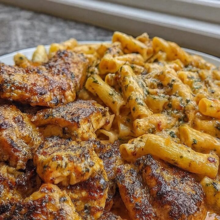 A close-up of a plate featuring golden seared chicken pieces and creamy rigatoni pasta coated in a rich garlic butter sauce.