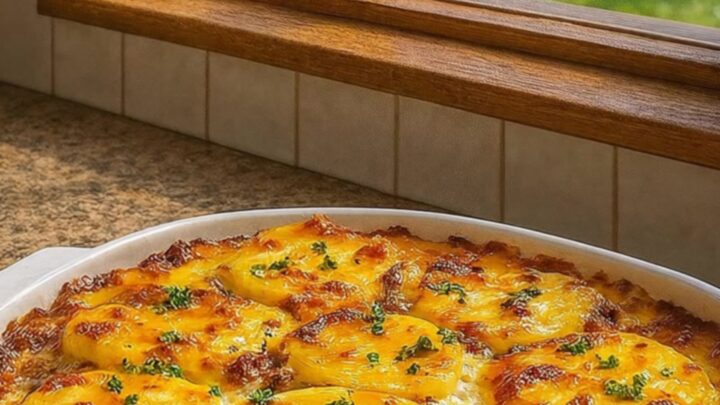 A golden, bubbly cheesy potato and ground beef casserole in a white baking dish.