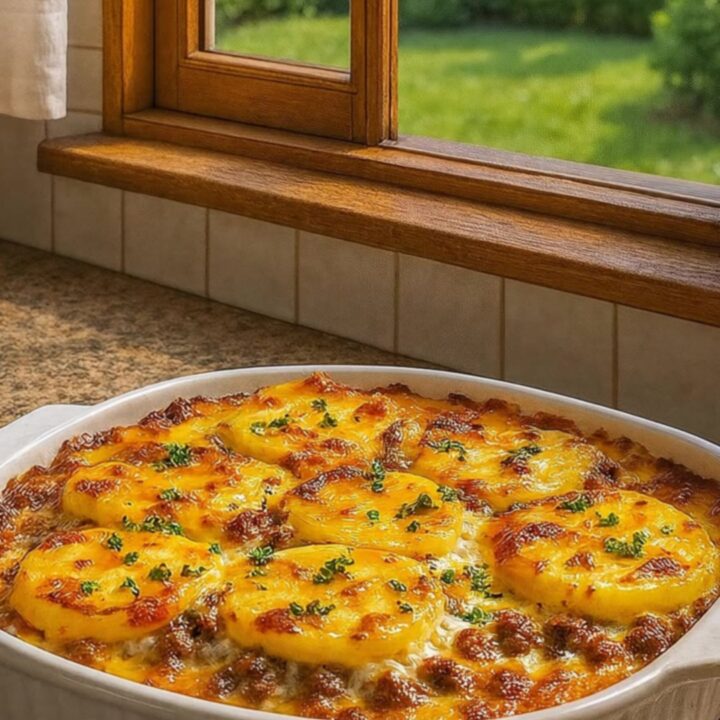 A golden, bubbly cheesy potato and ground beef casserole in a white baking dish.