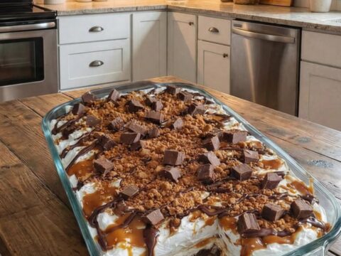 A slice of no-bake chocolate caramel crunch dessert with layered crust, cream, and caramel on a white plate.