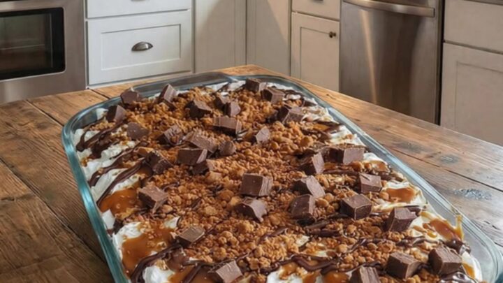 A slice of no-bake chocolate caramel crunch dessert with layered crust, cream, and caramel on a white plate.