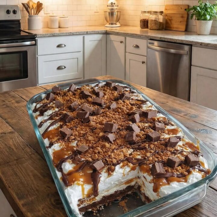 A slice of no-bake chocolate caramel crunch dessert with layered crust, cream, and caramel on a white plate.