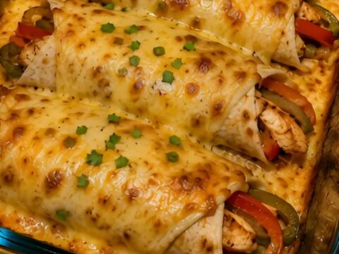 A glass baking dish filled with four golden-brown chicken fajita wraps topped with melted, gooey pepper jack cheese.