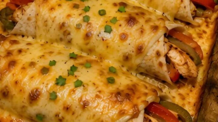 A glass baking dish filled with four golden-brown chicken fajita wraps topped with melted, gooey pepper jack cheese.