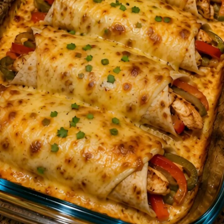 A glass baking dish filled with four golden-brown chicken fajita wraps topped with melted, gooey pepper jack cheese.