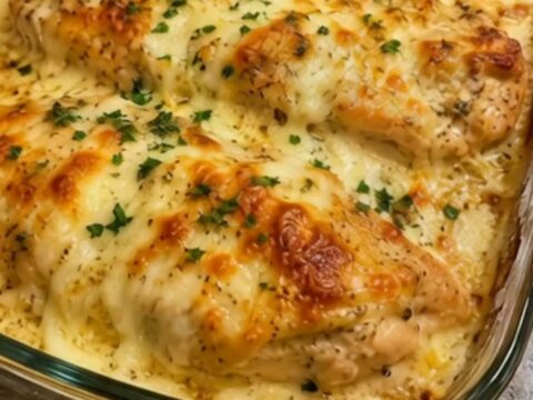A golden, bubbly mozzarella-topped chicken breast being lifted from a glass dish with a spatula.