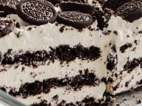 A tall, perfect slice of Oreo icebox cake showing distinct, beautiful layers of whipped cream and dark chocolate cookies.