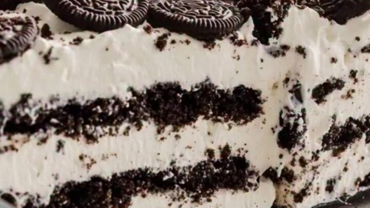 A tall, perfect slice of Oreo icebox cake showing distinct, beautiful layers of whipped cream and dark chocolate cookies.