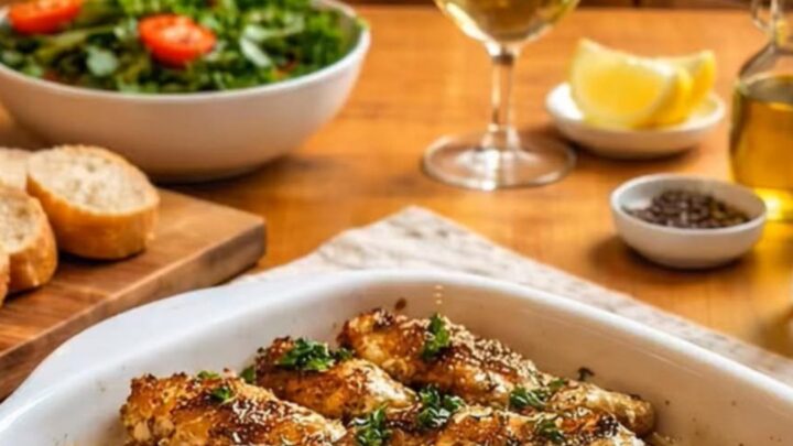 A white baking dish filled with golden-brown Greek chicken tenders garnished with fresh parsley and lemon.