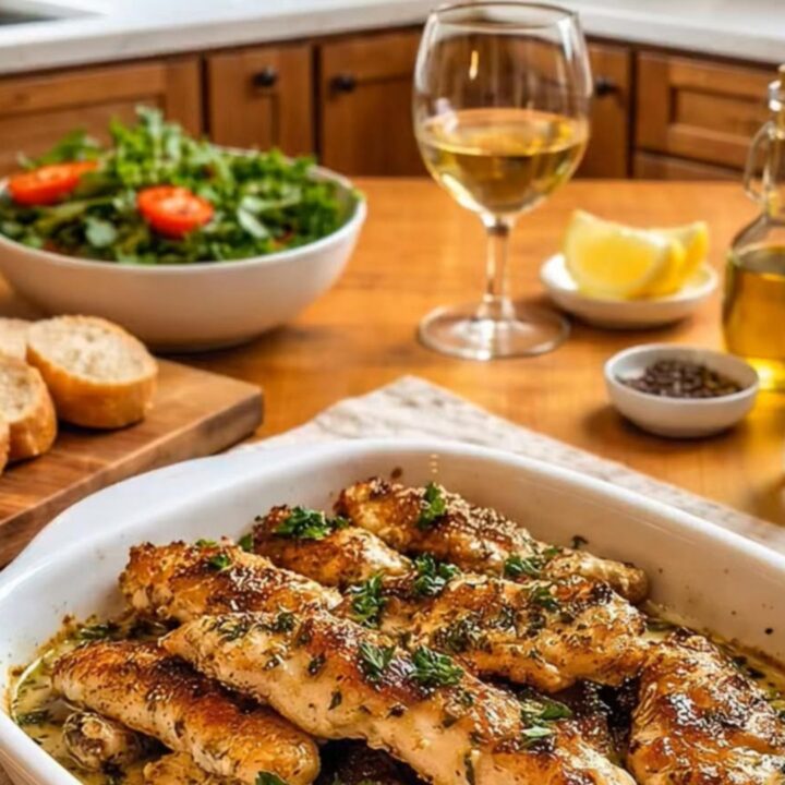 A white baking dish filled with golden-brown Greek chicken tenders garnished with fresh parsley and lemon.