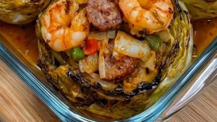 Four roasted cabbage bowls stuffed with sizzling shrimp, sliced andouille sausage, and peppers in a glass dish.