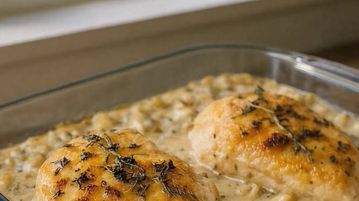 A golden-brown baked chicken breast served alongside a scoop of creamy herb-infused rice in a glass dish.