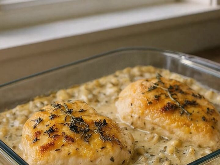A golden-brown baked chicken breast served alongside a scoop of creamy herb-infused rice in a glass dish.