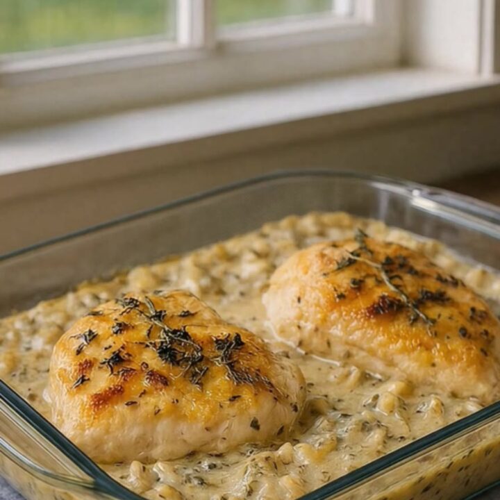 A golden-brown baked chicken breast served alongside a scoop of creamy herb-infused rice in a glass dish.