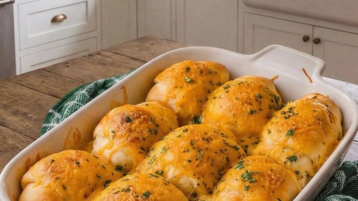 A golden, baked crescent roll being lifted from a baking dish with a spatula, showing a stringy cheese pull.