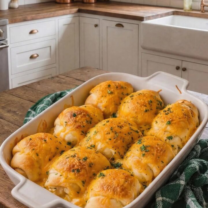 A golden, baked crescent roll being lifted from a baking dish with a spatula, showing a stringy cheese pull.