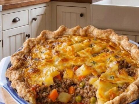 A golden-brown flaky pot pie in a white fluted baking dish sitting on a wooden kitchen counter.