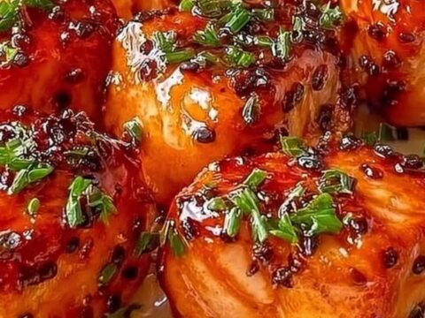 A close-up of golden-brown seared salmon bites drizzled with a creamy, spicy orange bang bang sauce