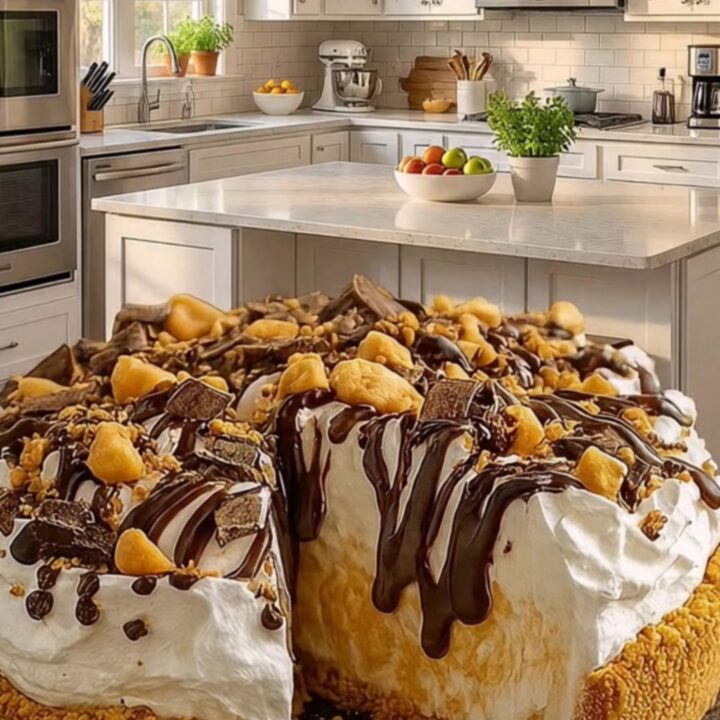 A tall, creamy slice of peanut butter pie with a visible graham crust on a white plate.