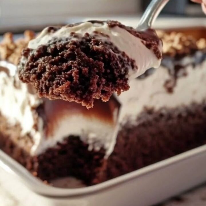 A slice of moist chocolate cake topped with whipped cream and crushed nuts on a white plate.