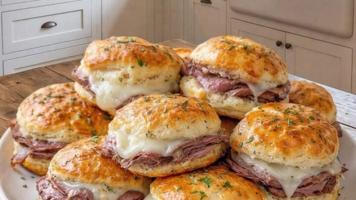A platter of golden-baked stuffed biscuits filled with roast beef and melted provolone cheese.