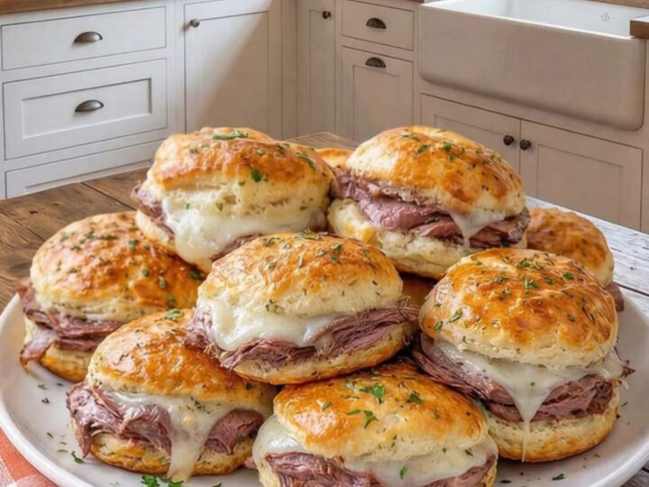 A platter of golden-baked stuffed biscuits filled with roast beef and melted provolone cheese.