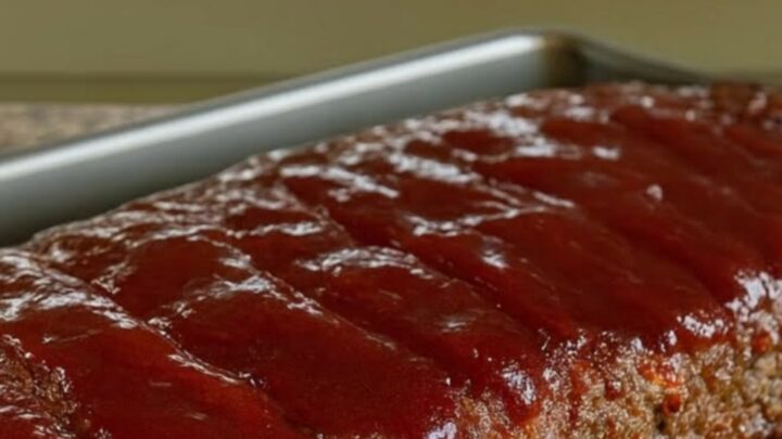 A whole honey BBQ meatloaf with a glossy, sticky red glaze sitting in a metal baking pan.