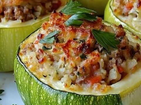 A golden-brown cheesy stuffed round zucchini cup served in a white baking dish.