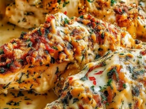 A golden-brown, bubbly cheese-crusted chicken breast baked in a rich, creamy garlic Parmesan sauce