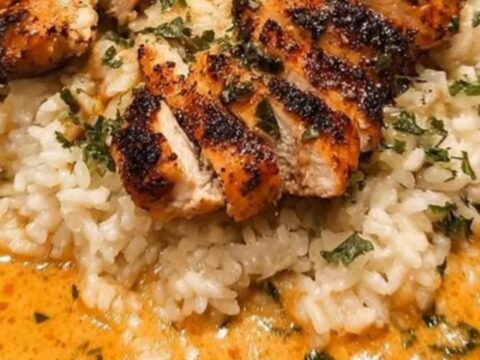 A brown ceramic bowl filled with fluffy white rice, topped with sliced charred chicken and a rich orange sauce.