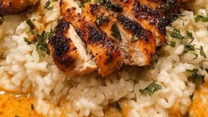 A brown ceramic bowl filled with fluffy white rice, topped with sliced charred chicken and a rich orange sauce.