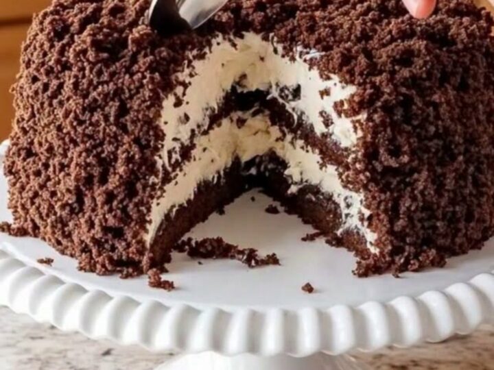 A tall slice of chocolate crumble cake with thick white coconut cream filling on a white ceramic stand.