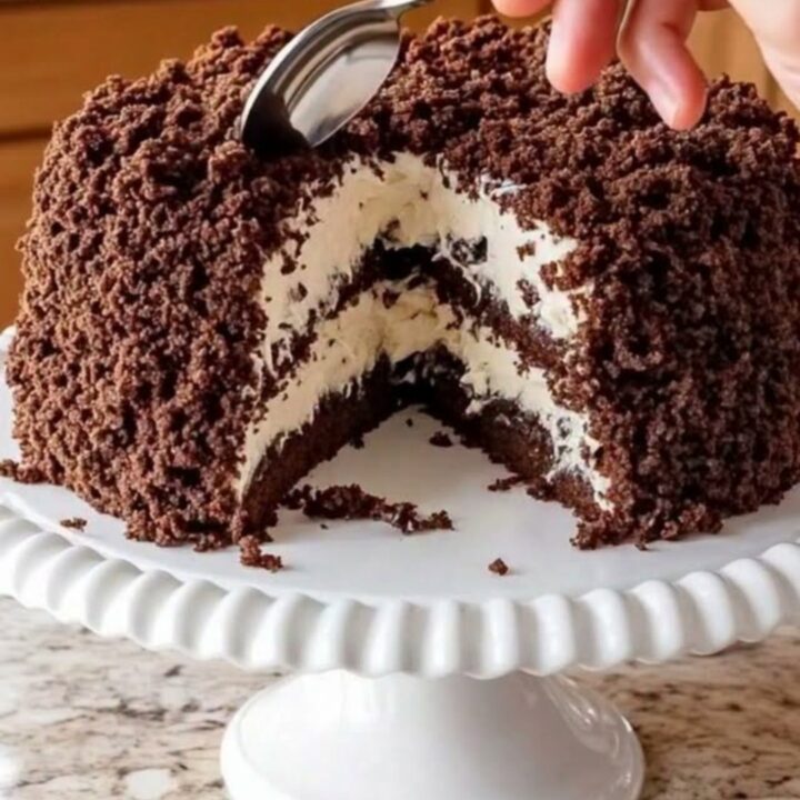 A tall slice of chocolate crumble cake with thick white coconut cream filling on a white ceramic stand.