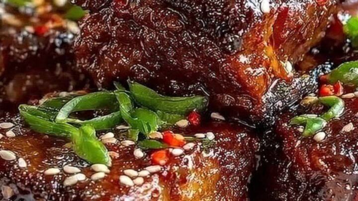 A close-up of glistening, dark glazed short ribs on a white serving platter, garnished with sesame seeds and green onions.