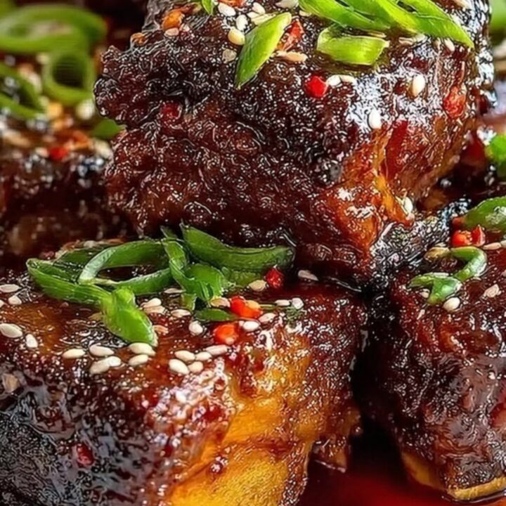 A close-up of glistening, dark glazed short ribs on a white serving platter, garnished with sesame seeds and green onions.